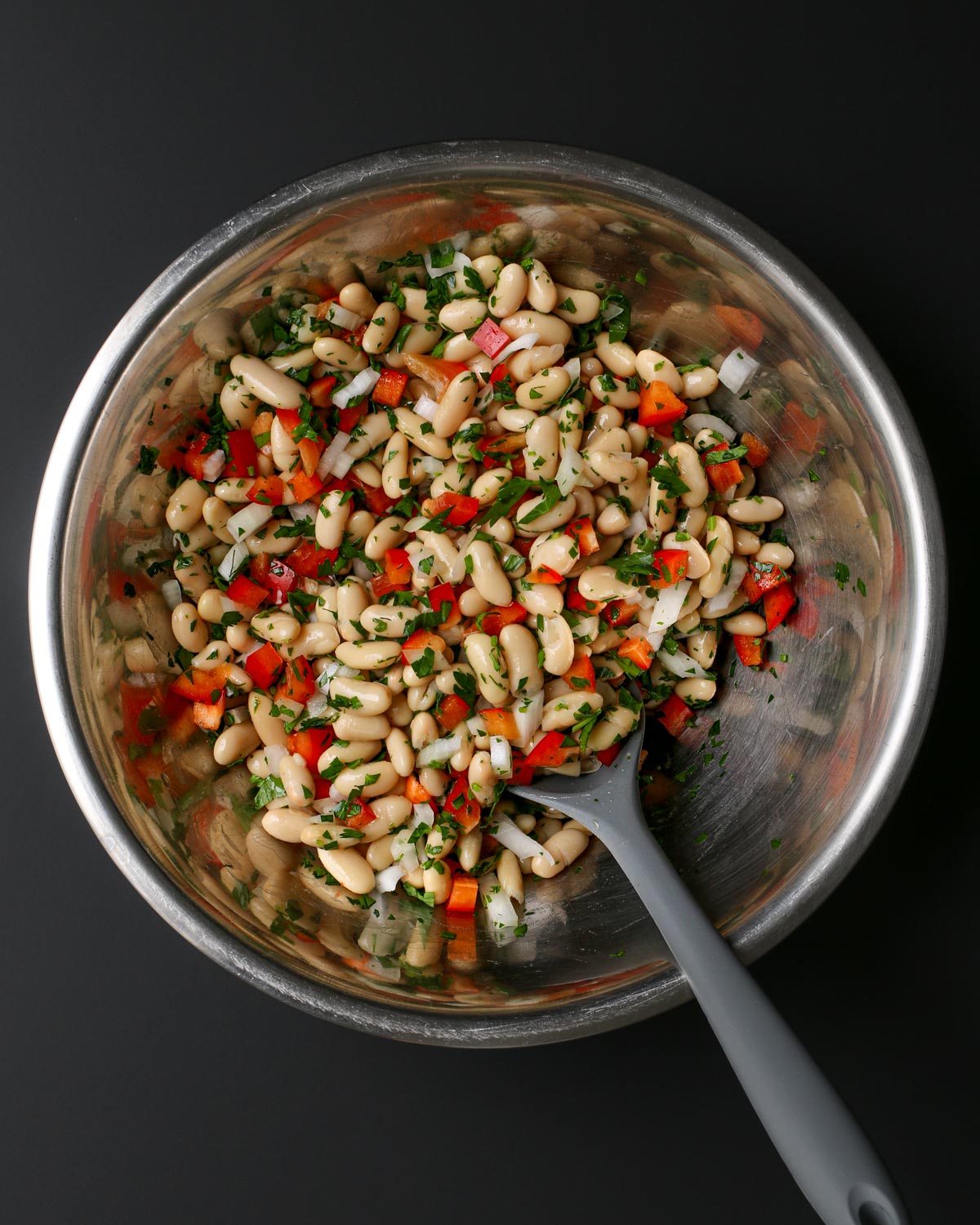 beans and veggies stirred together.