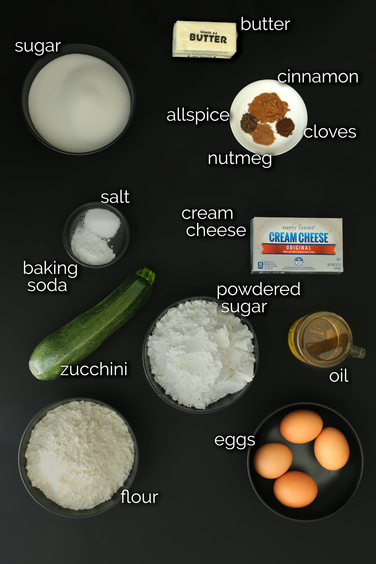 ingredients to make zucchini cake with cream cheese frosting.