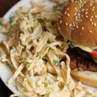 A close up of a burger on a plate, with Coleslaw
