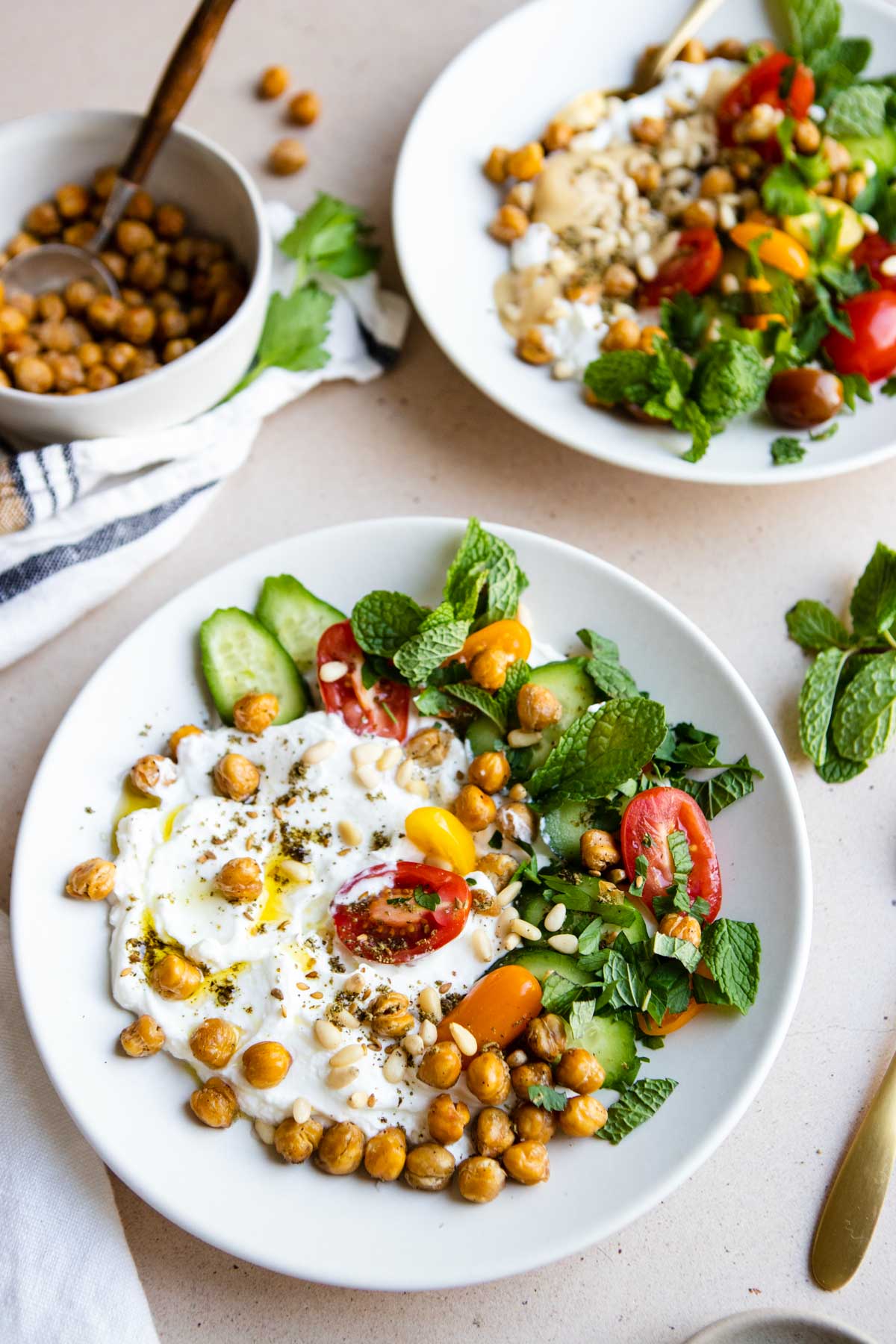 overhead shot of savory greek yogurt bowls.