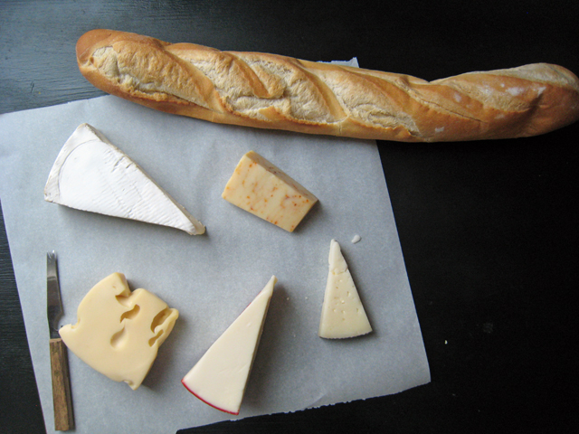 Baguette and a selection of cheeses