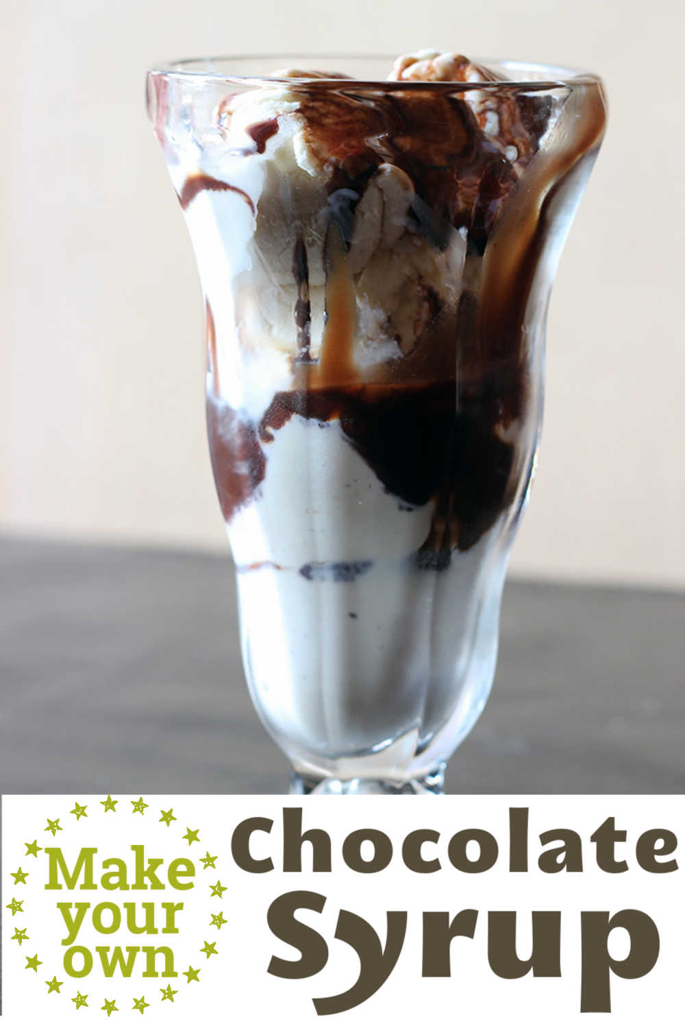 Chocolate syrup poured on ice cream sundae