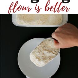 scooping flour into bowl on scale, with text overlay.
