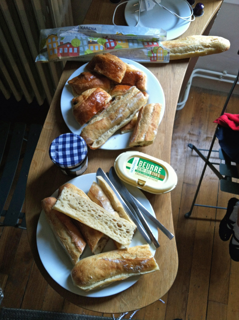 paris breakfast of baguettes, butter, and jam