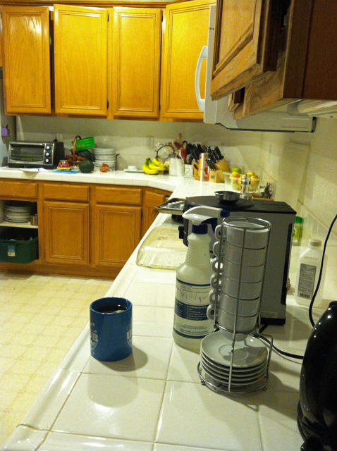 A messy kitchen counter