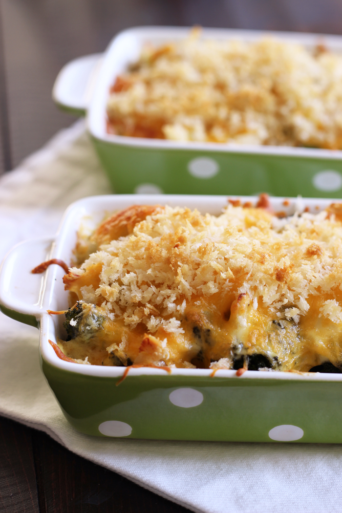 curried chicken and broccoli casserole in green dishes