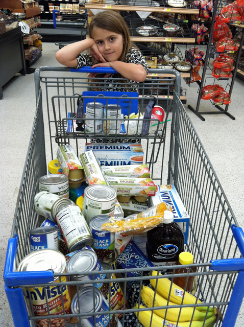 girl leaning on a full shopping cart at Walmart.