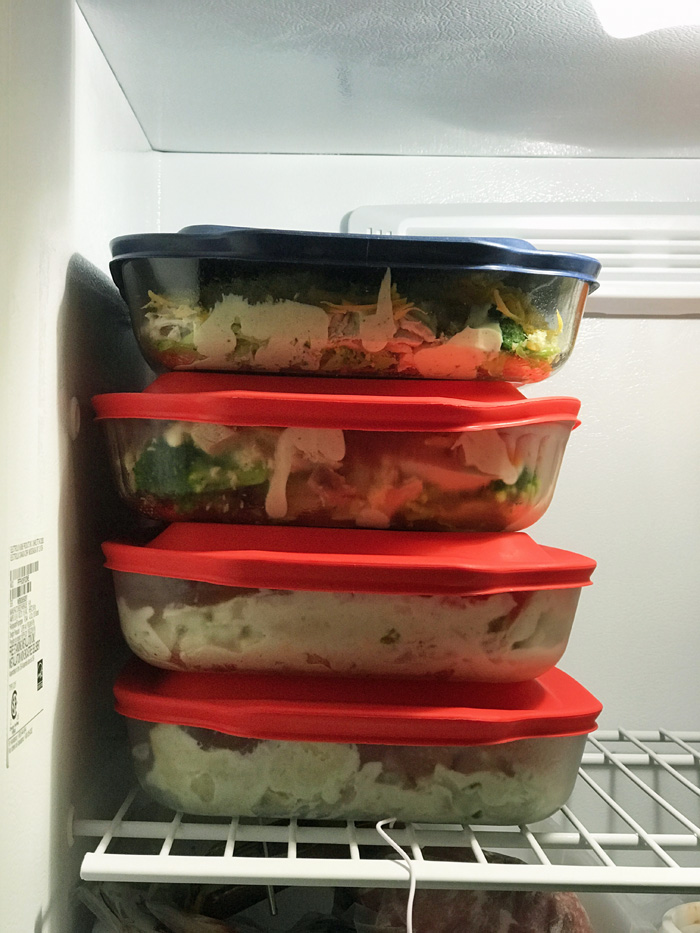 stack of frozen casseroles