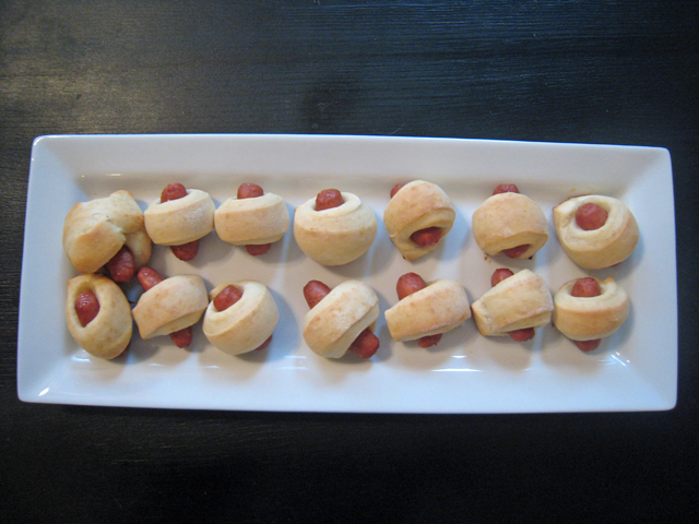 A tray of homemade pigs in blankets