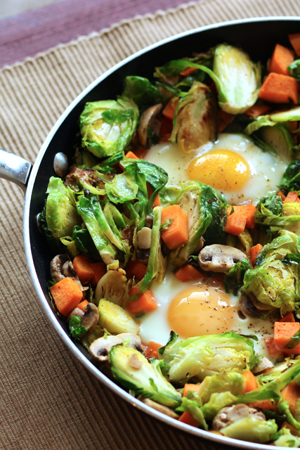 Eggs and Sweet Potato Hash with Brussels Sprouts and Mushrooms