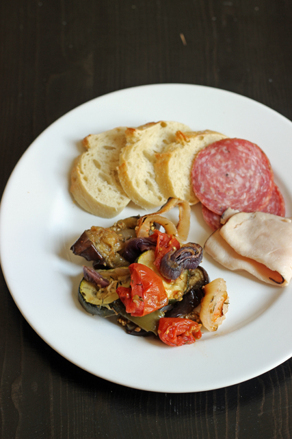 Escalivada and Charcuterie on plate, with bread