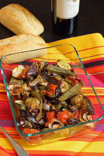 a dish of escalivada, with baguette