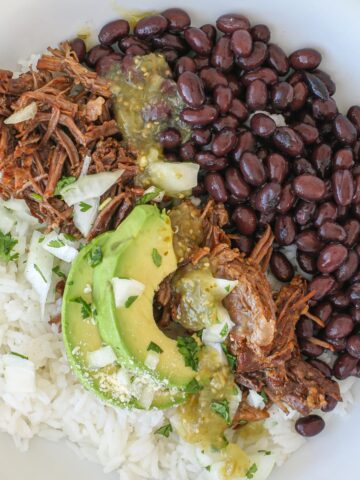 rice bowl with salsa verde shredded beef.