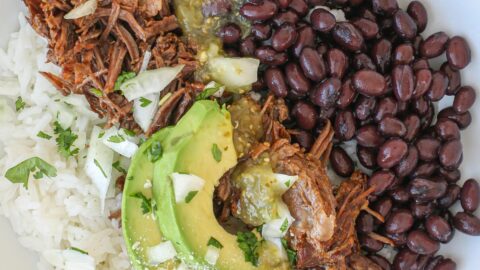 rice bowl with salsa verde shredded beef.