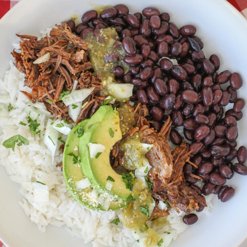 rice bowl with salsa verde shredded beef.