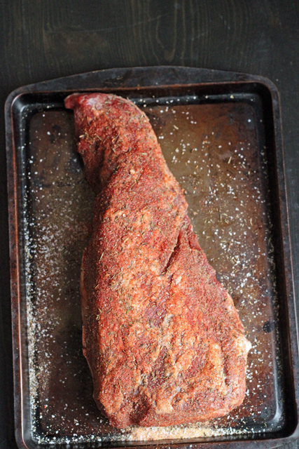 Spicy Grilled Tri-tip seasoned on a baking sheet