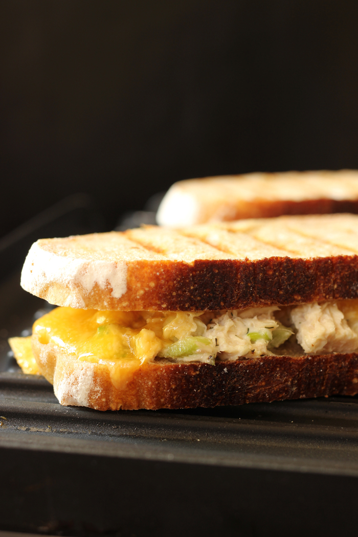 side shot of tuna melt on panini press