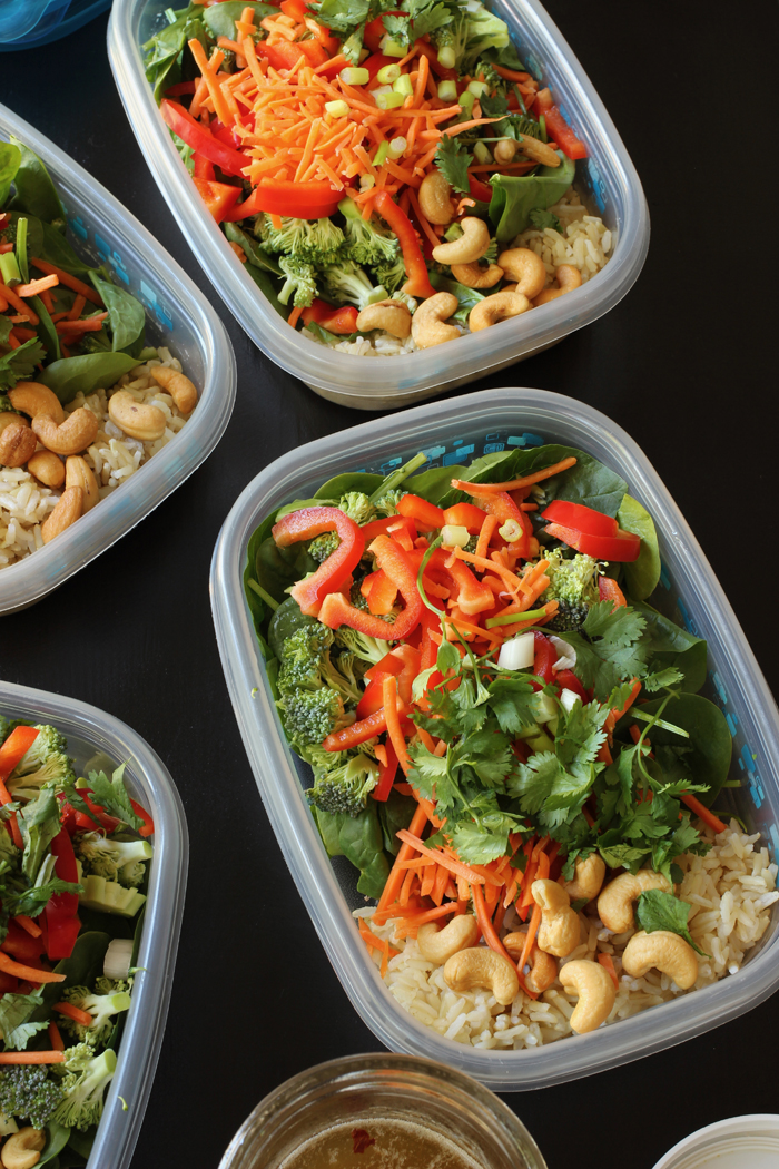 asian rice salads in meal prep boxes