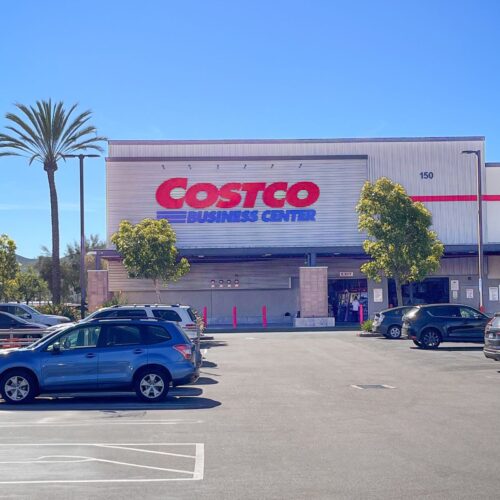 costco business sign on front of building with parking in foreground, a palm tree against blue sky is to the side.