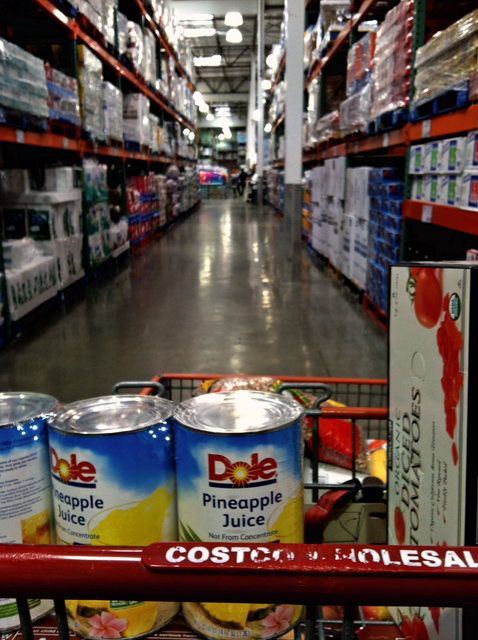 A Costco cart filled with lots of food