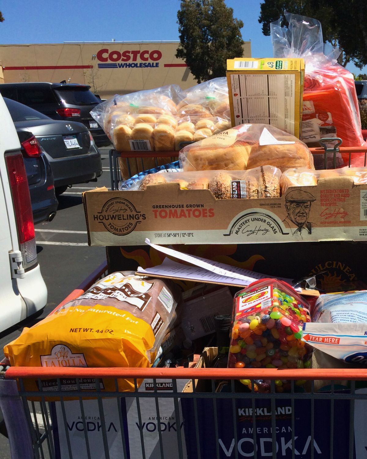 overflowing cart in costco parking lot.