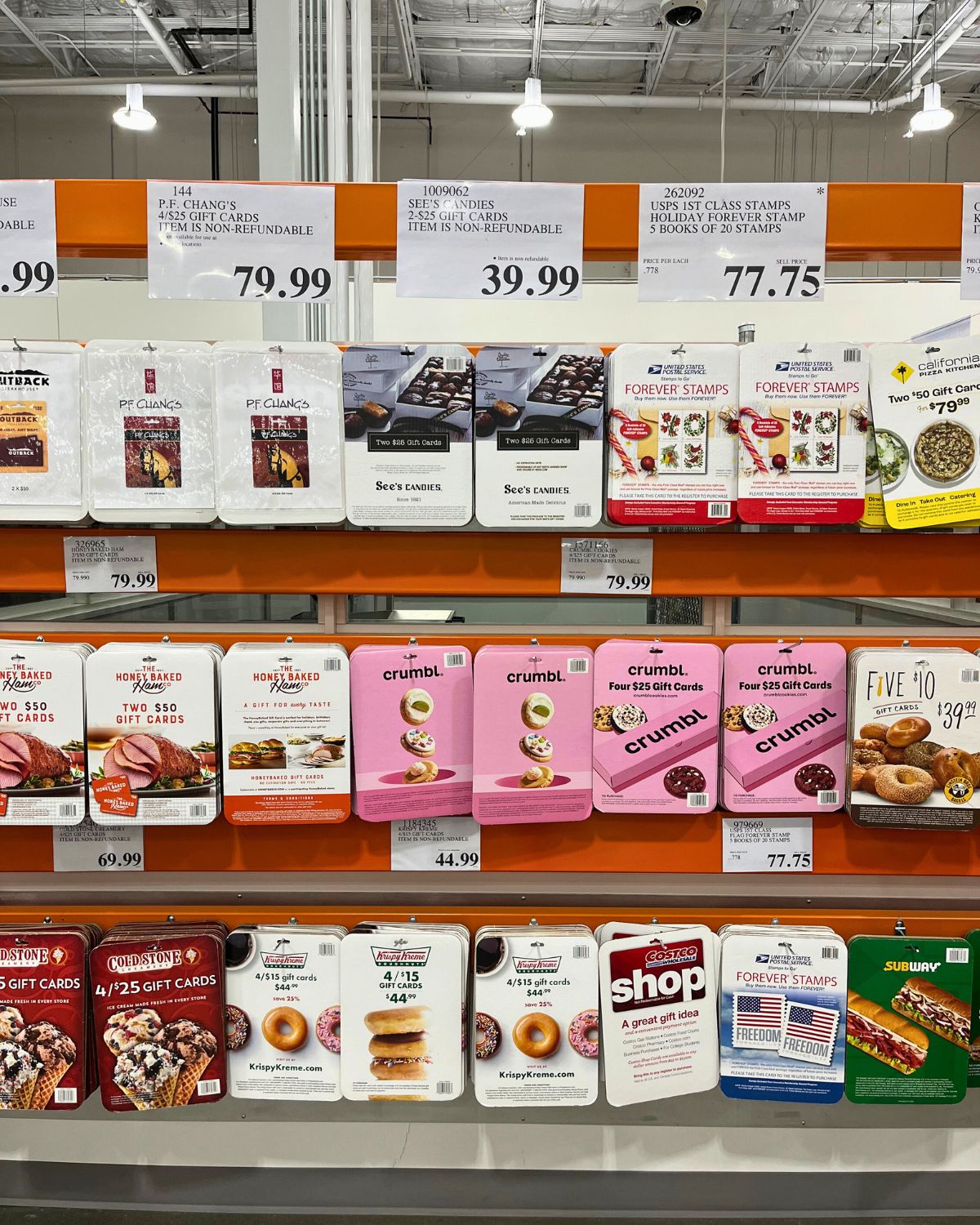 array of gift cards at costco.