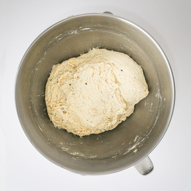 the dough ball formed in the mixing bowl.