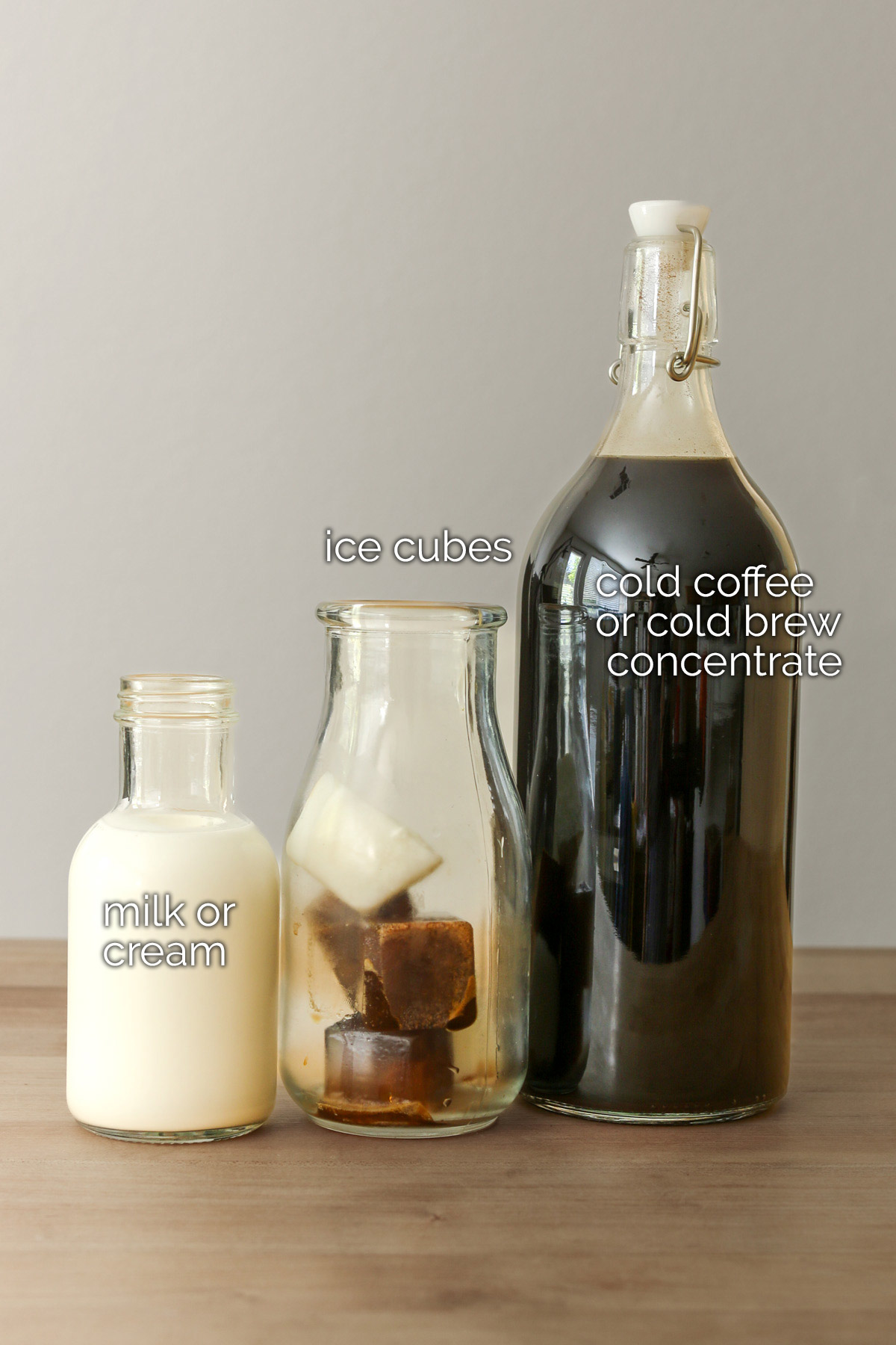 ingredients for iced coffee laid on counter.