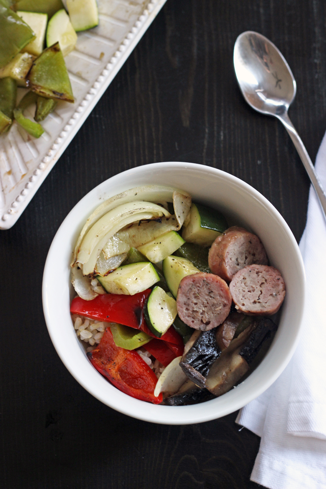 rice bowls with sausage and vegetables