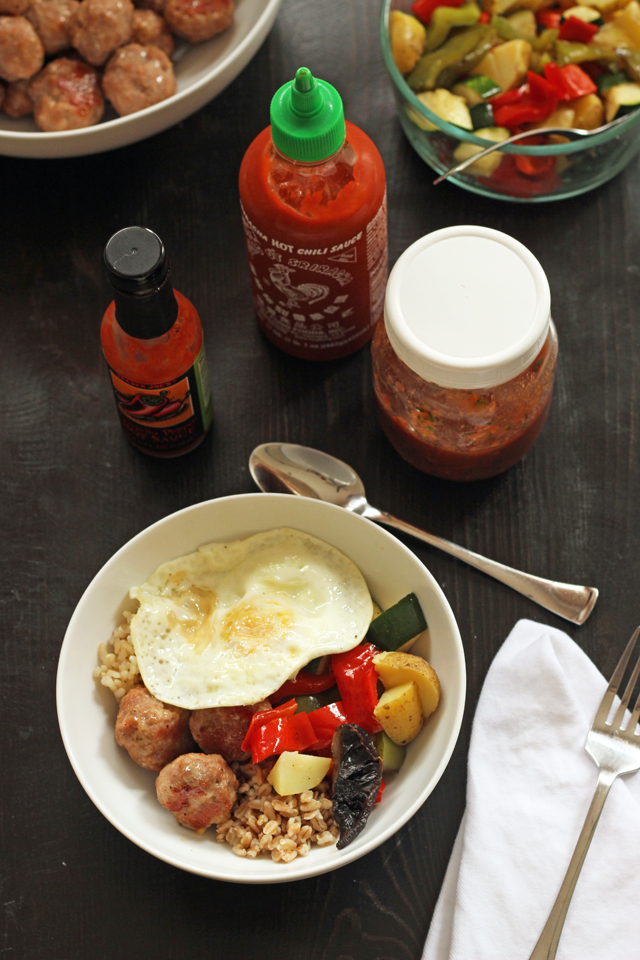 Rice bowl with jars of sauces