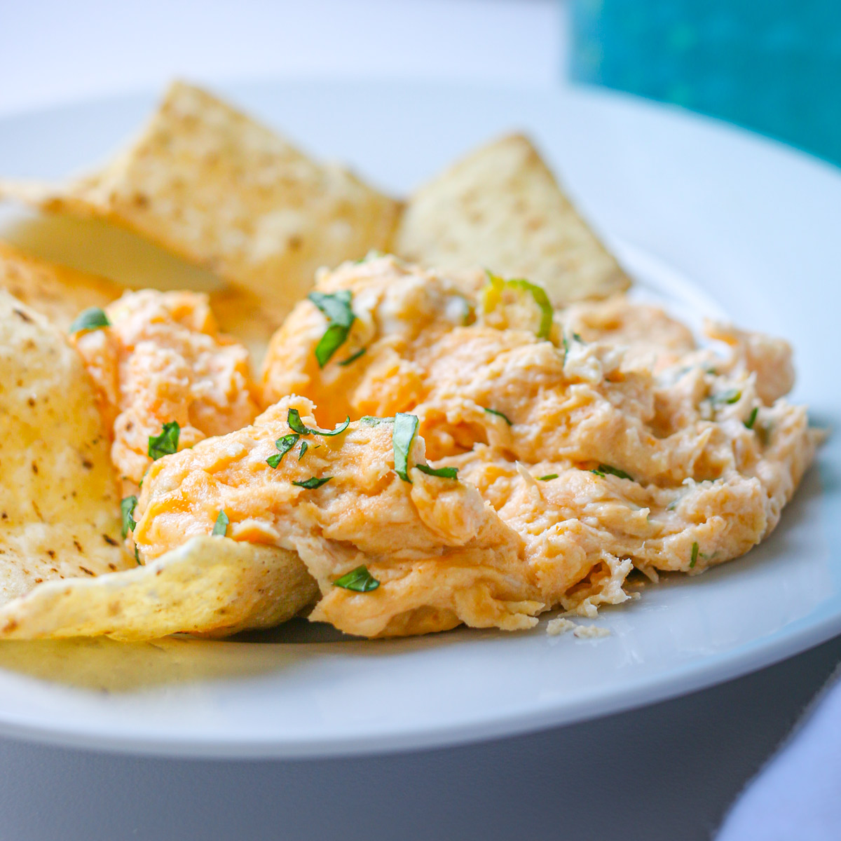 pile of chips on a plate topped with chicken dip.