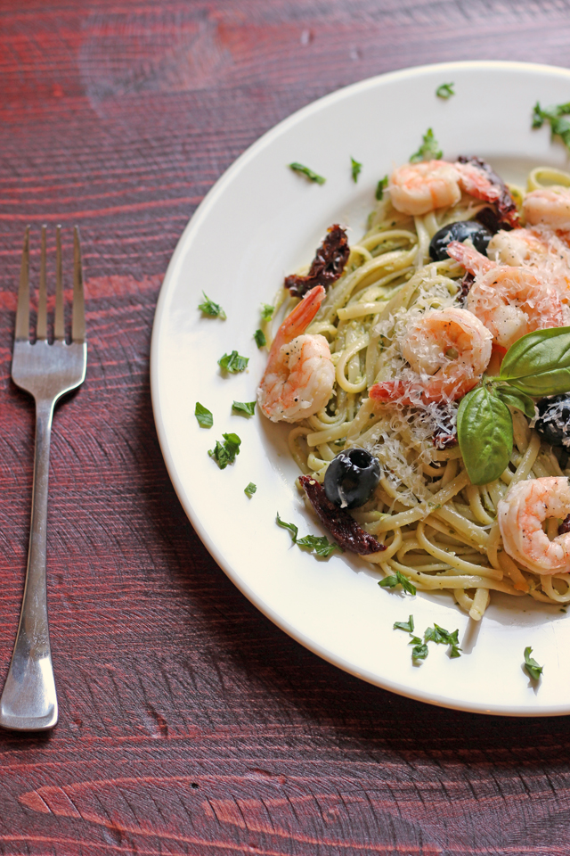 A plate of Pesto Shrimp Linguine Salad