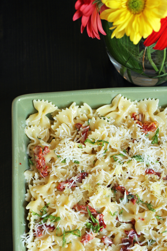 green serving dish with Tomato Brie Pasta