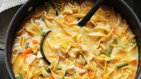 pot of creamy chicken noodle soup with ladle