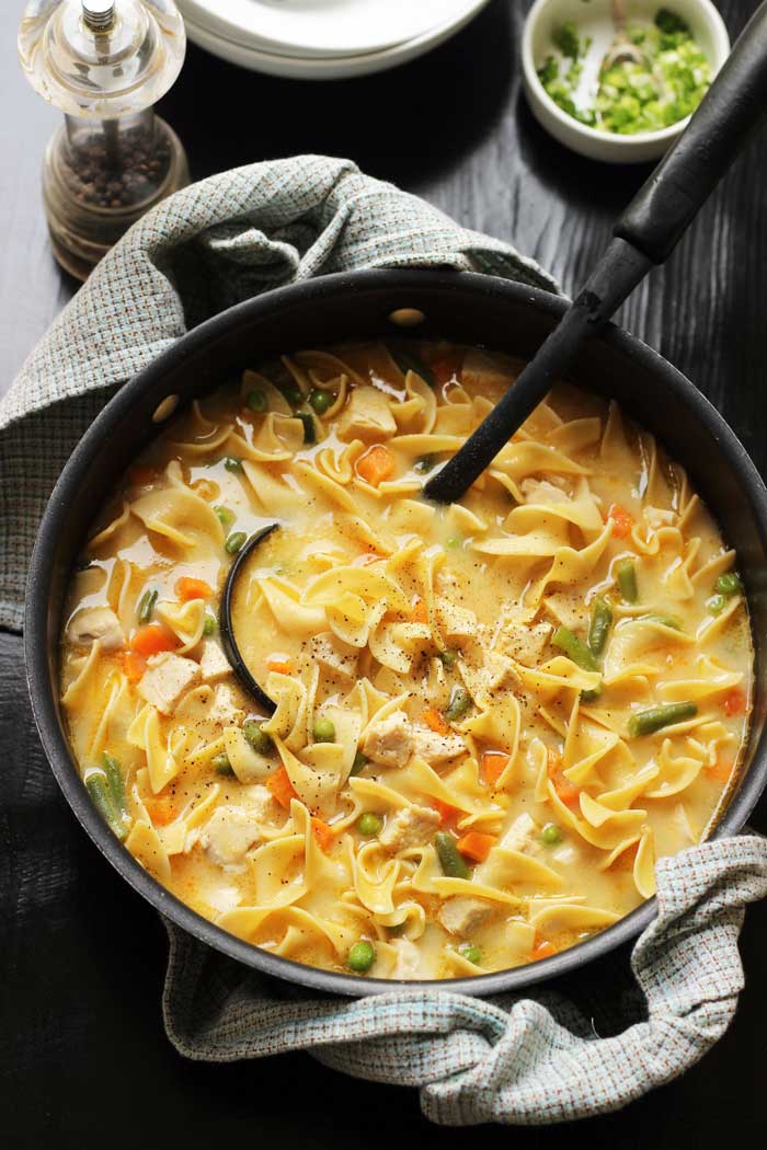 pot of creamy chicken noodle soup with ladle