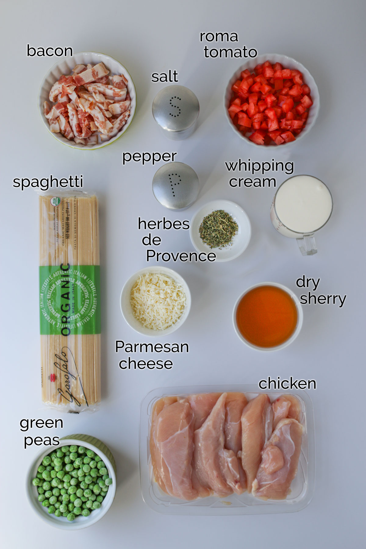 ingredients for creamy chicken and bacon pasta laid out on white table.