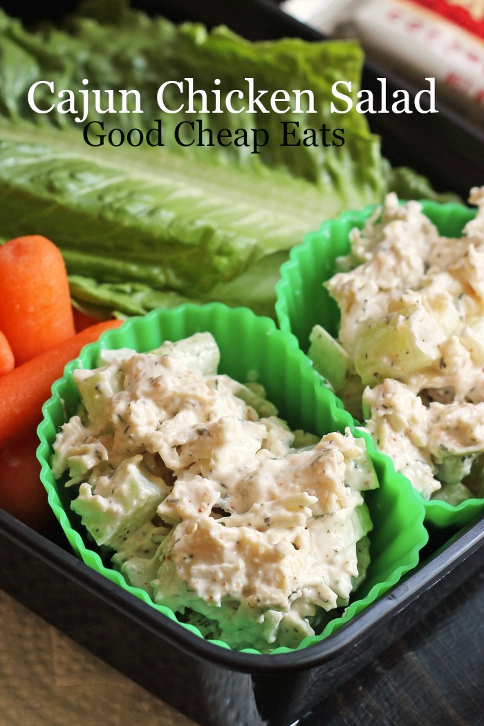 A close up of a plastic container filled with chicken salad and vegetables