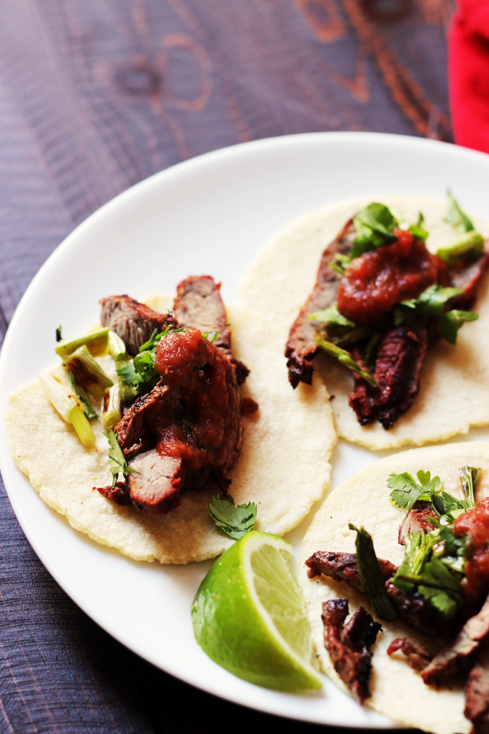 A plate of carne asada tacos