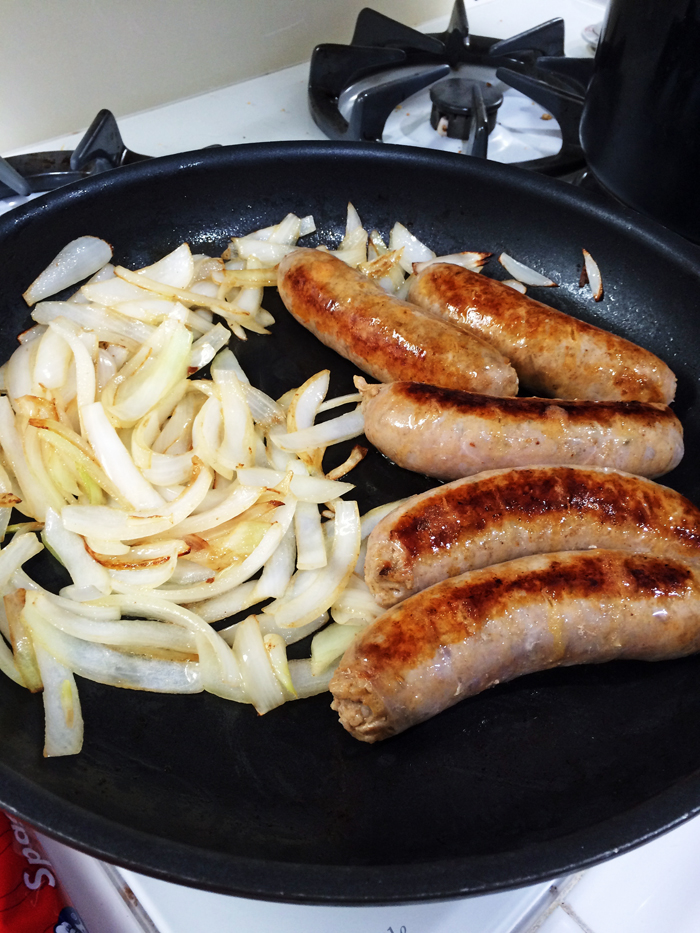 A pan of Sausage and Onions