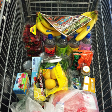 A shopping cart filled with food