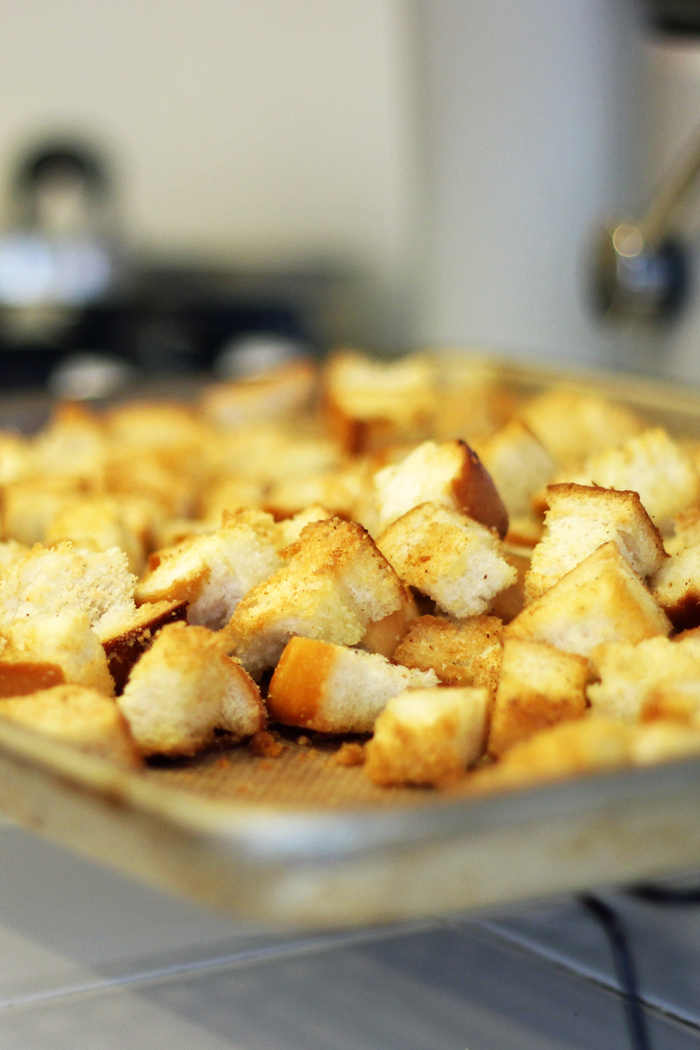 A close up of croutons on tray