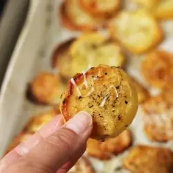 A close up of potato coin