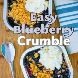 two mini crumbles on table with spoons and napkin, with text overlay.