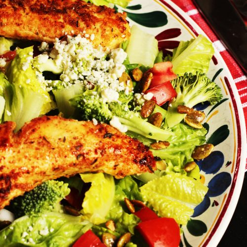 Chicken Strip Salad with Blue Cheese & Pumpkin Seeds Good Cheap Eats