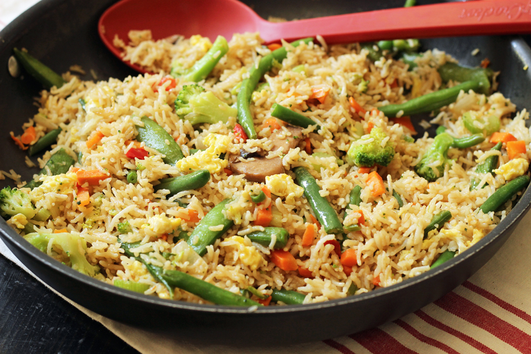 A pan filled with vegetable fried rice