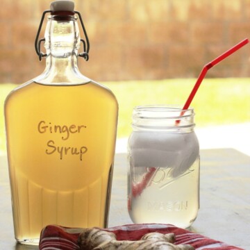 bottle of ginger syrup on table