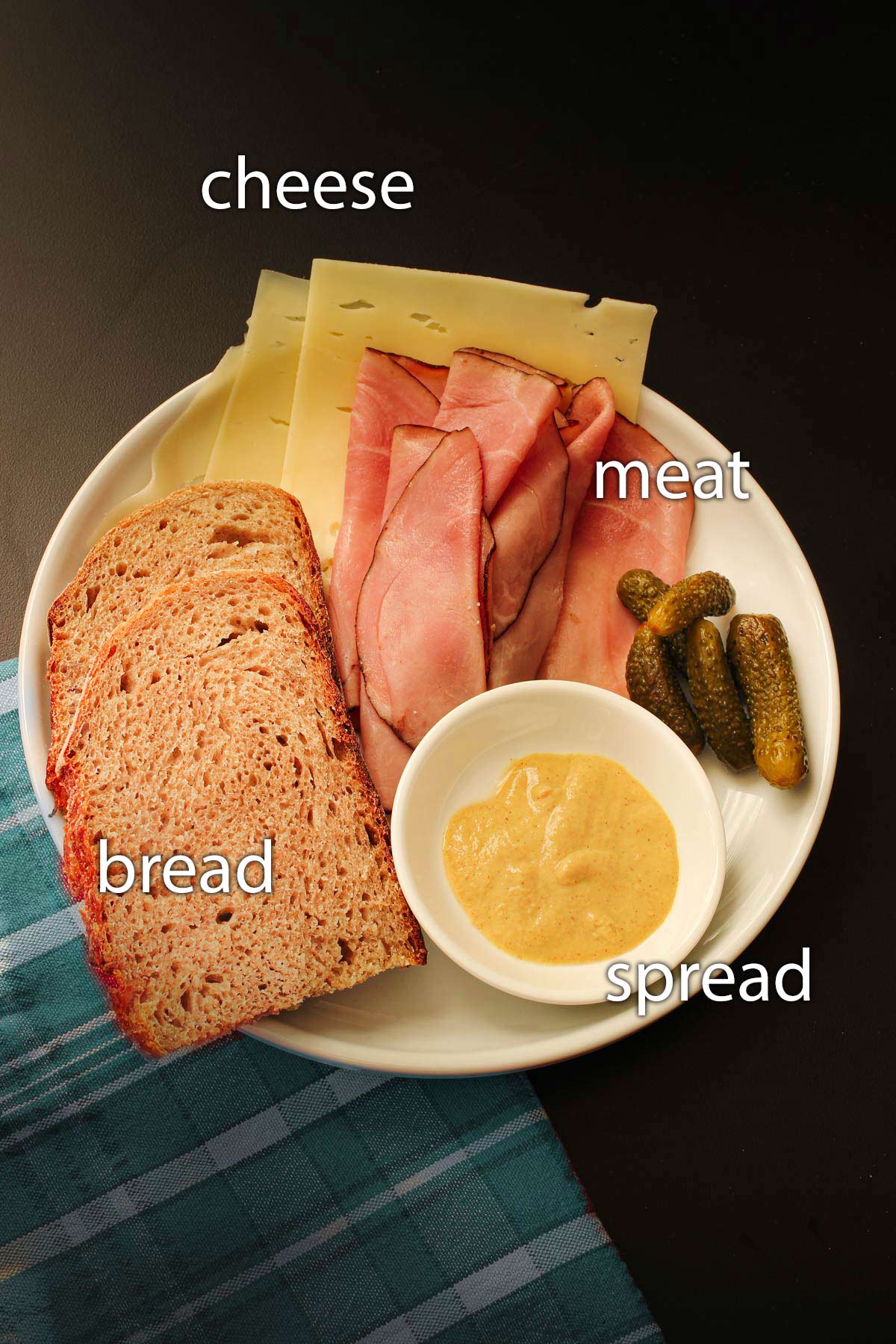 white plate with an array of sandwich ingredients, including bread, cheese, ham, mustard, and pickles.