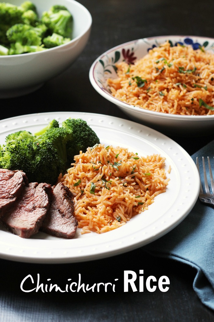 A plate of Chimichurri Rice and steak