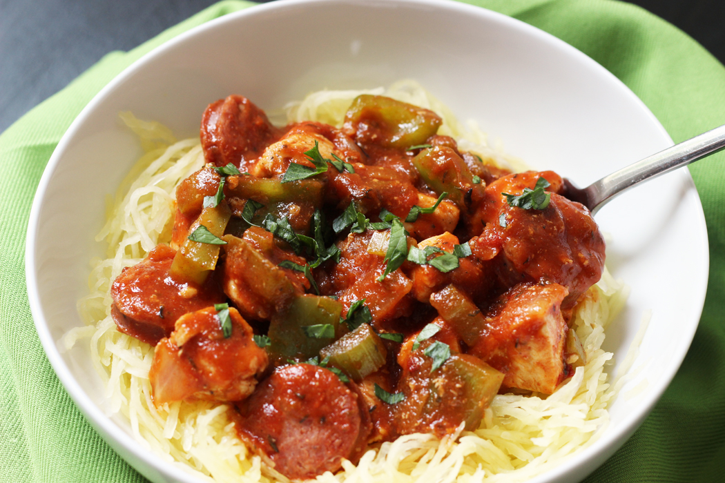 A bowl of Jambalaya and Spaghetti Squash