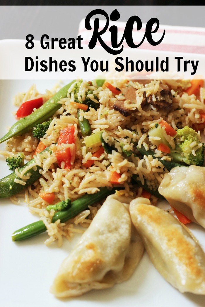 A plate of fried rice and potstickers